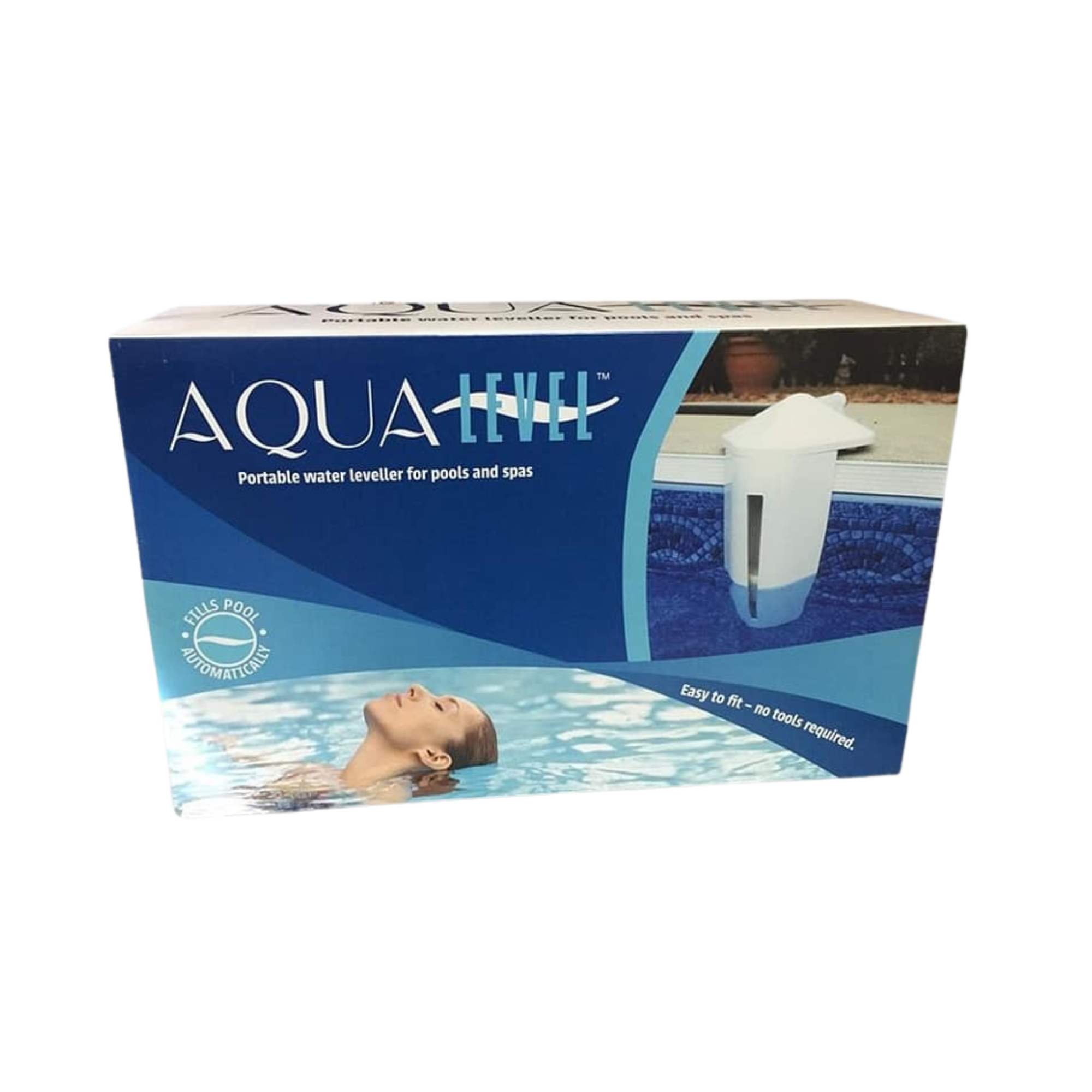 Box of Aqua Level pool water leveler with a pool and person graphic on a white background