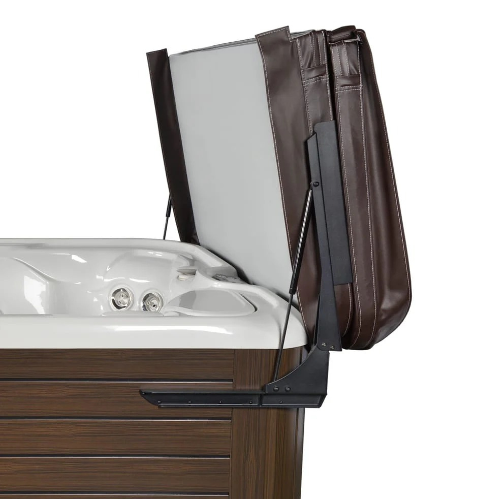 Hot tub with a brown cover and white interior on a white background