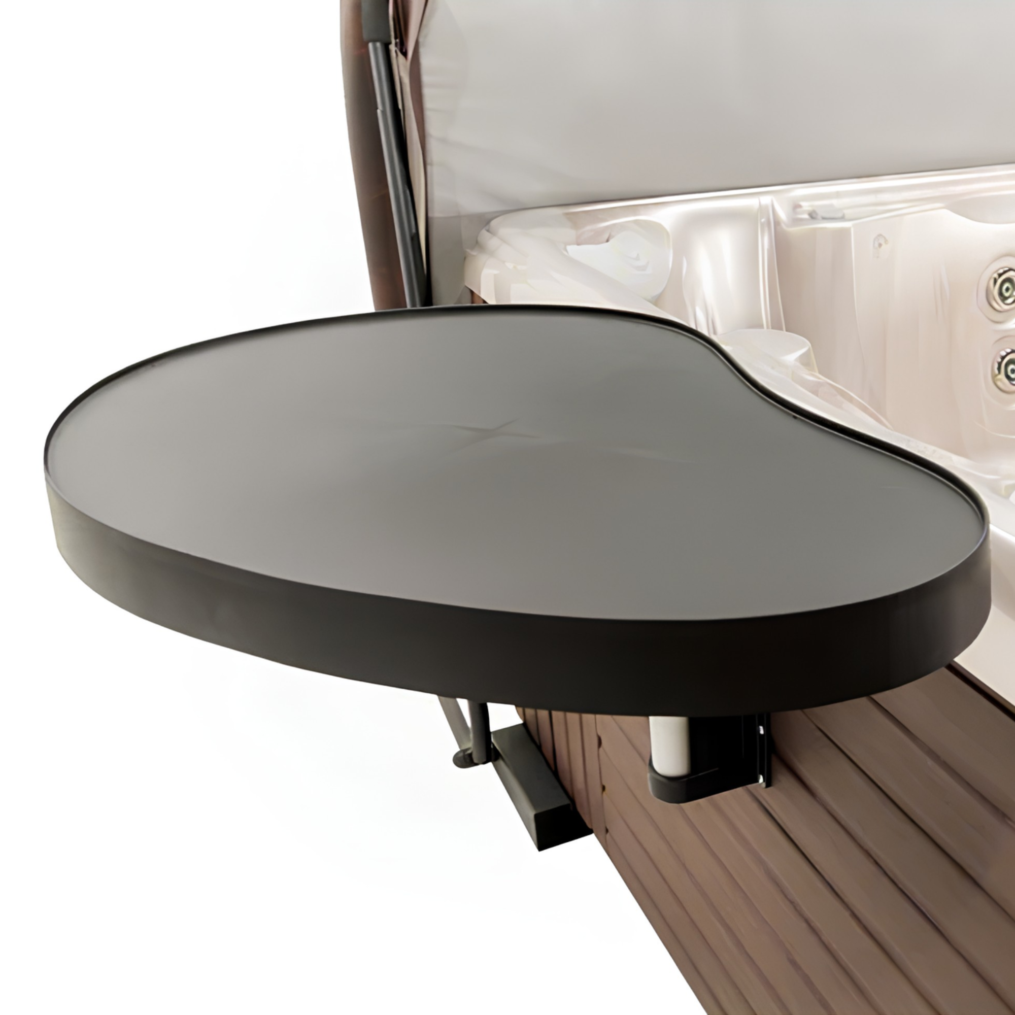 Black spa caddy attached to the side of a spa