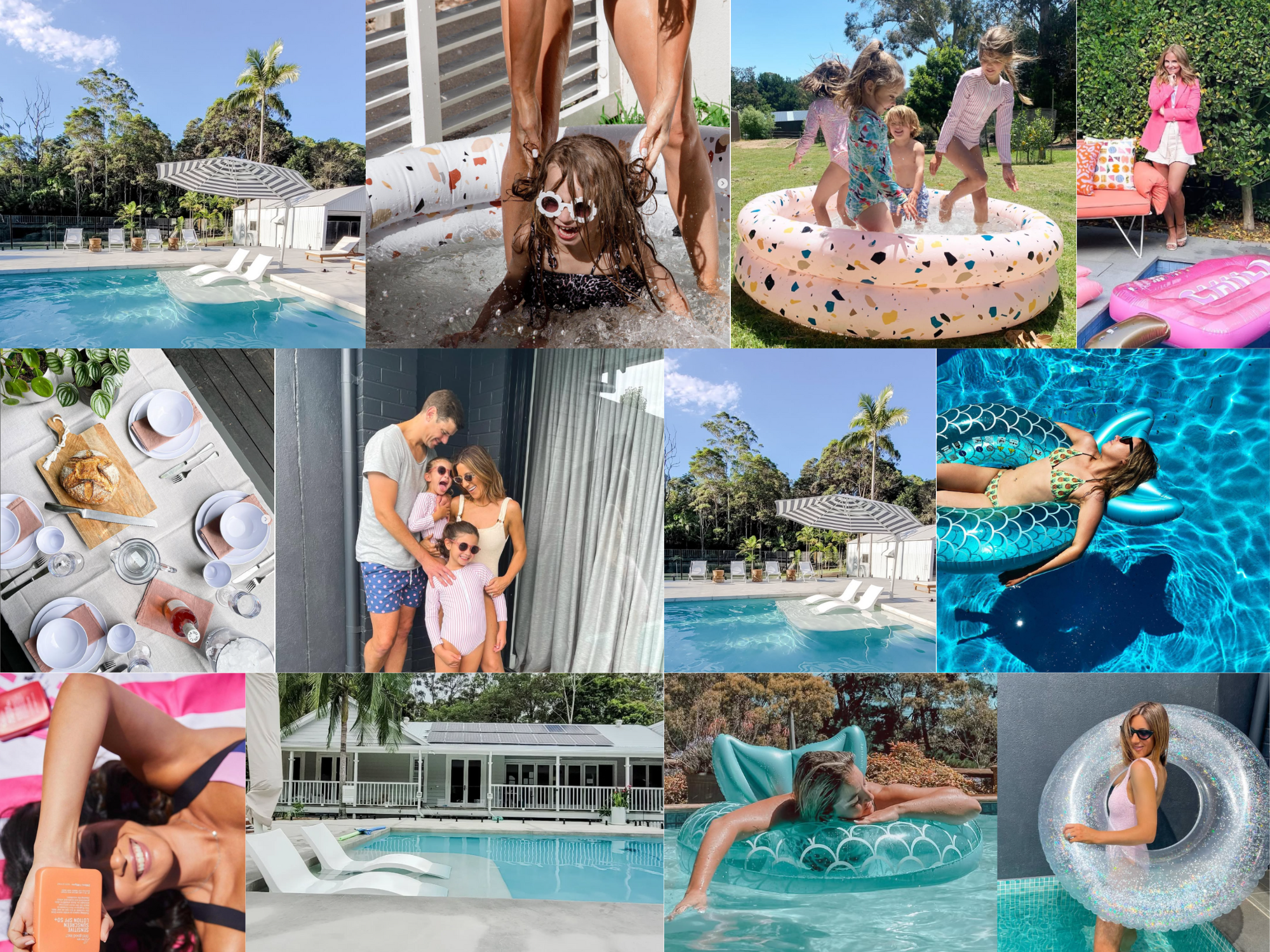 Collage of people enjoying poolside activities and a house.
