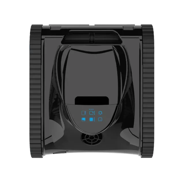 Black robotic pool cleaner with digital display