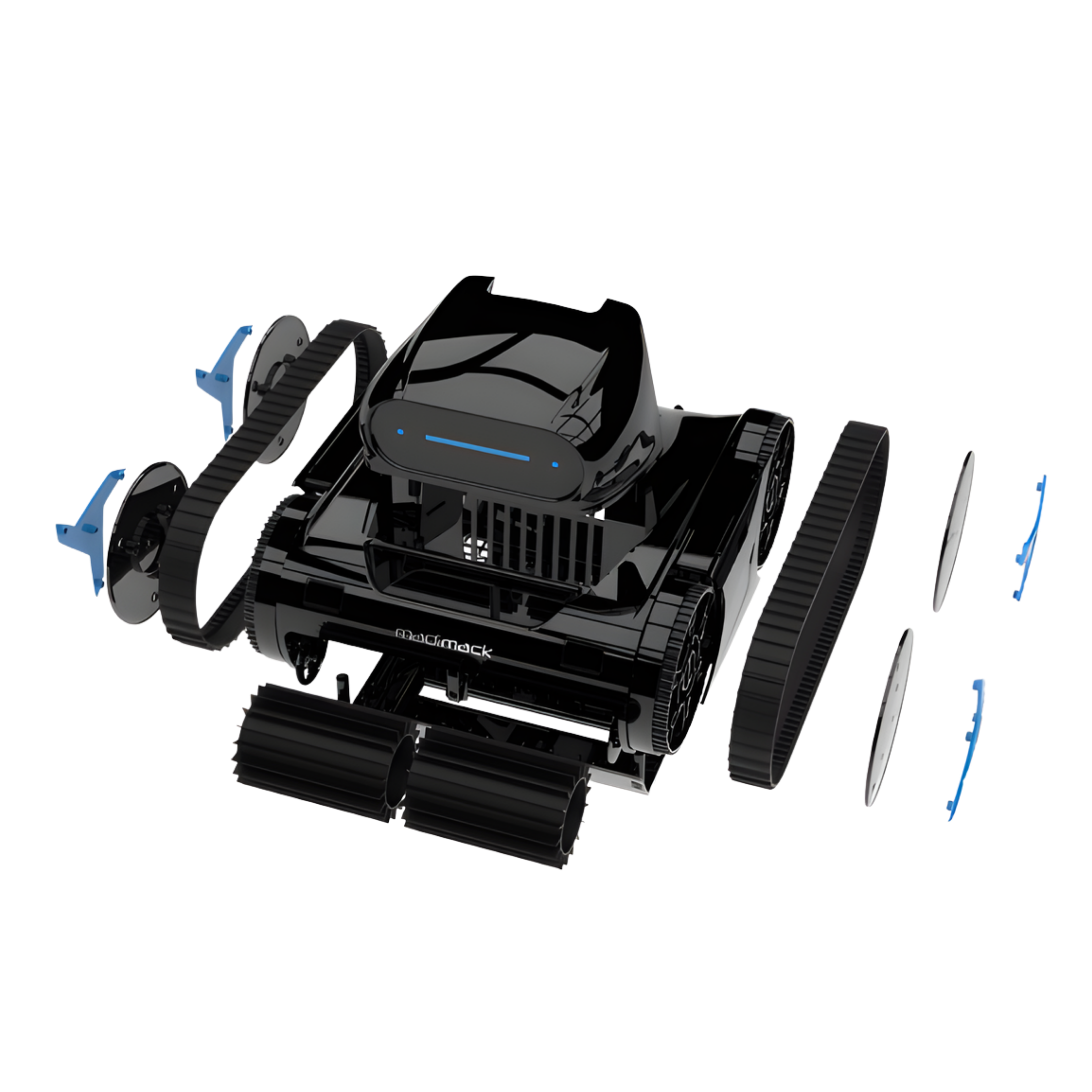 Robotic pool cleaner with parts on a white background