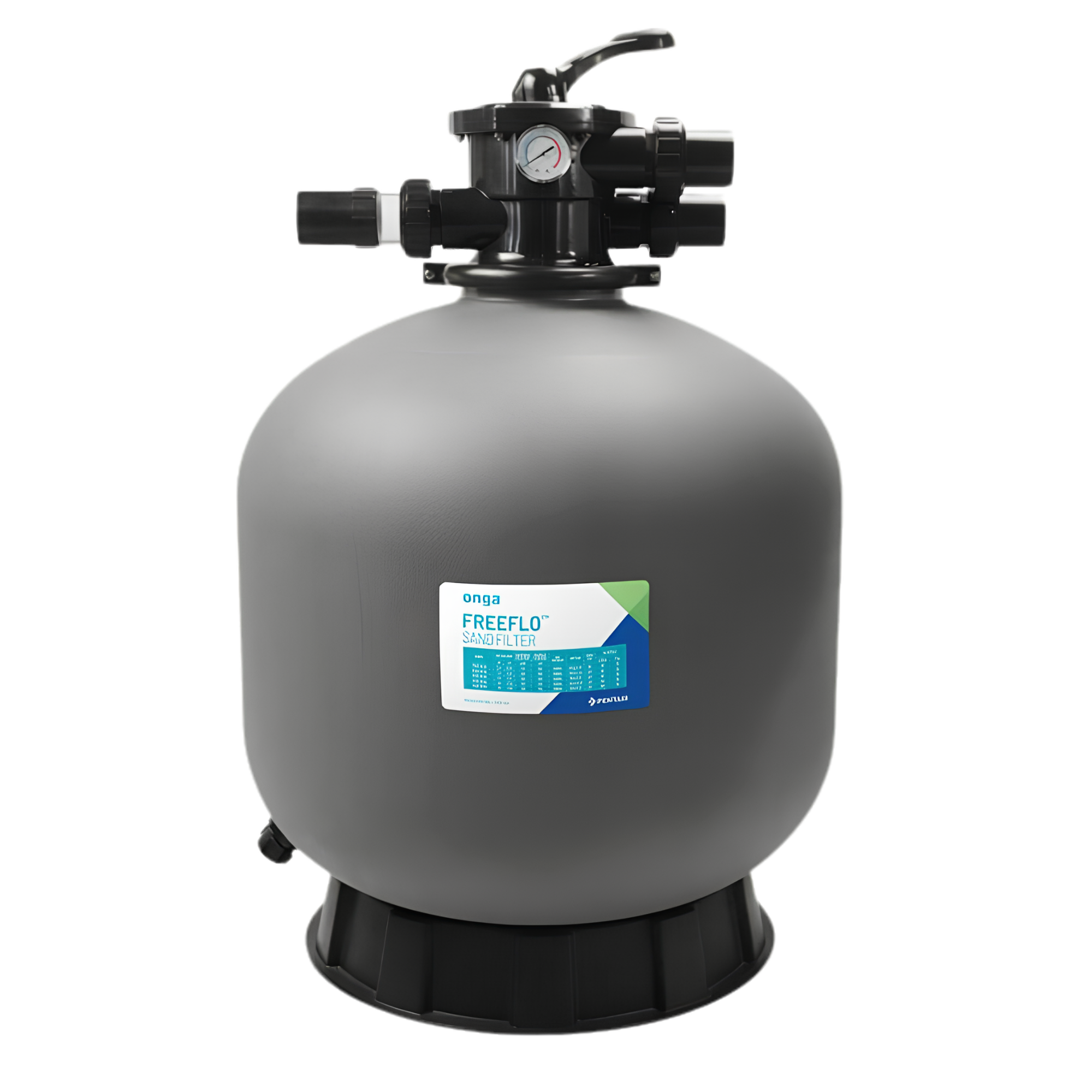 A grey and black Onga FreeFlo sand filter tank with a top control valve assembly and a front label, shown on a plain white background.