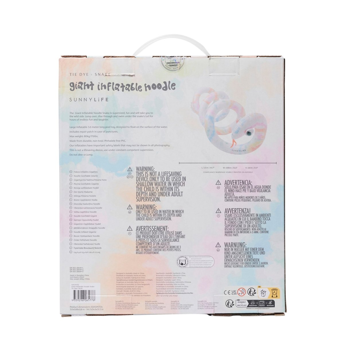 Sunnylife Giant Inflatable Noodle Snake - Tie Dye - Inflatable Games