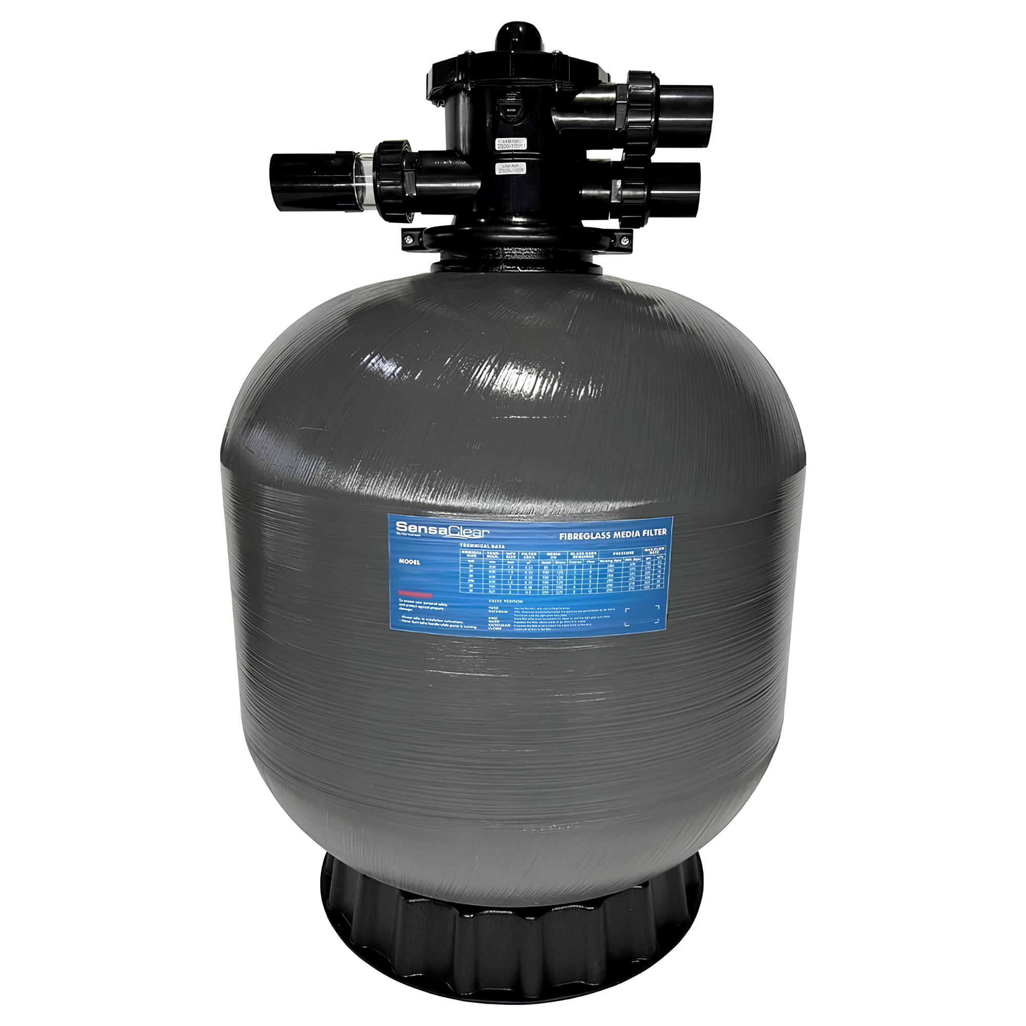 Gray cylindrical pool filter with black top and visible brand label on a white background