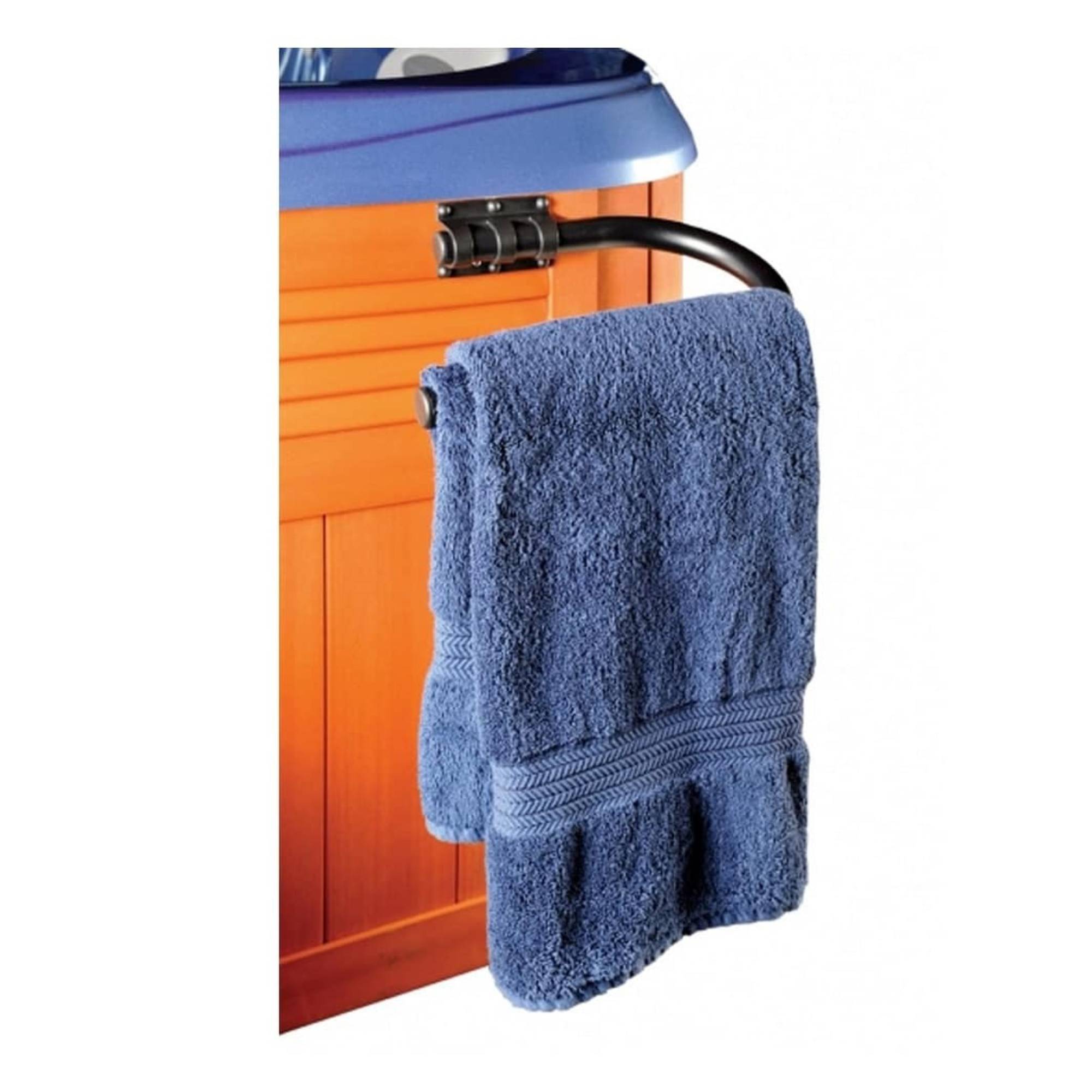 Blue towel hanging of a spa towel bar attached to the side of a spa