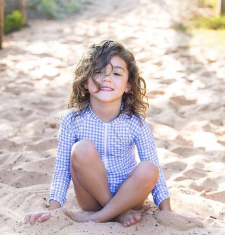 Ellie Long Sleeve Girls Swimsuit - Blue Gingham - Swimwear
