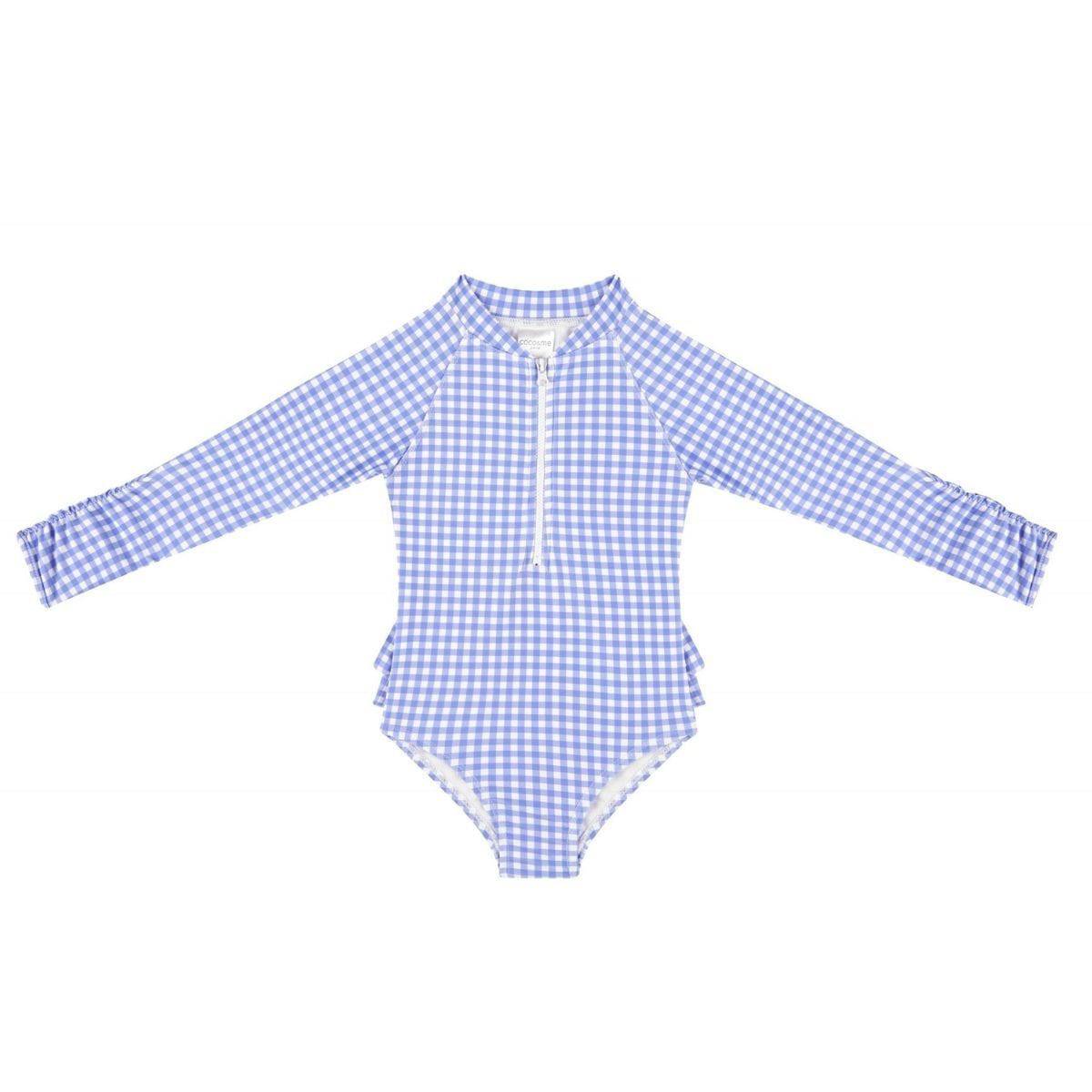 Ellie Long Sleeve Girls Swimsuit - Blue Gingham - Swimwear