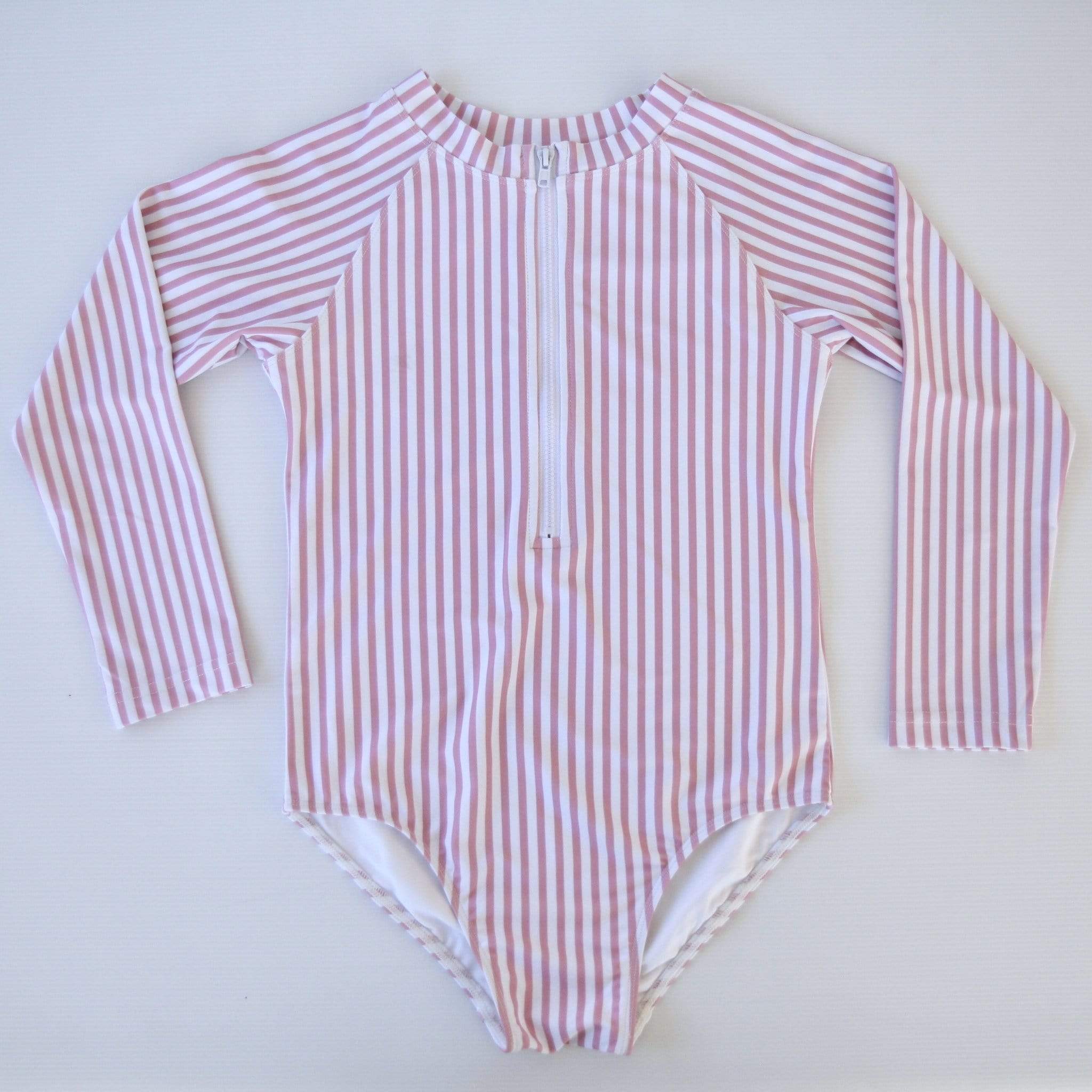 Long Sleeve Zippered Girls Swimsuit - Pink Stripe - Laguna Lifestyle