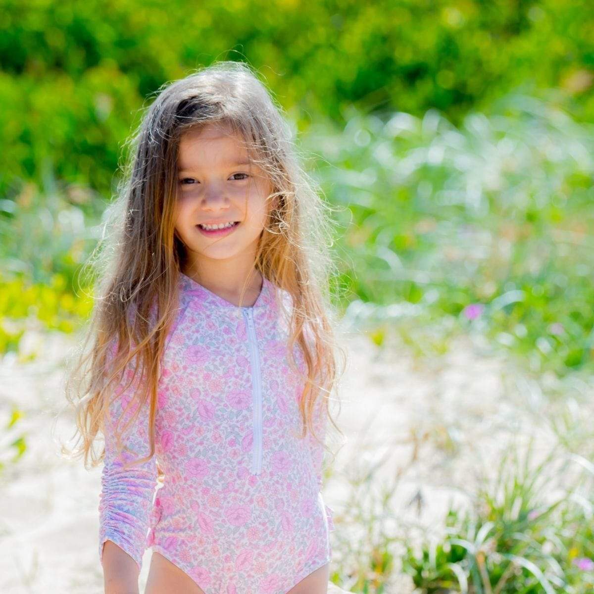 Long Sleeve Zippered Girls Swimsuit - Daisy Floral - Swimwear