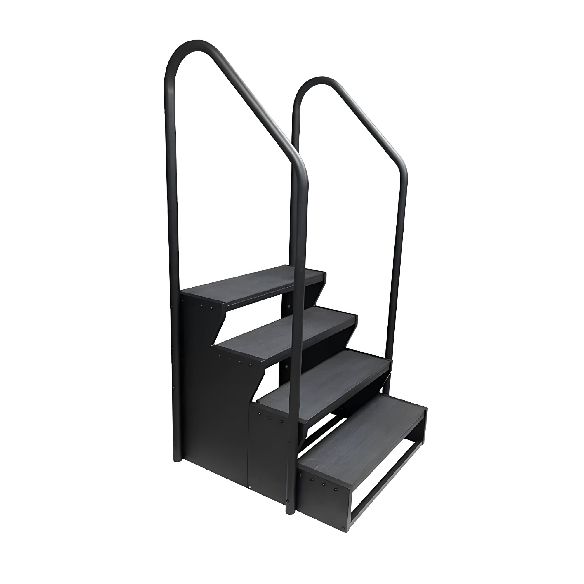 Black spa steps with handrails on a white background