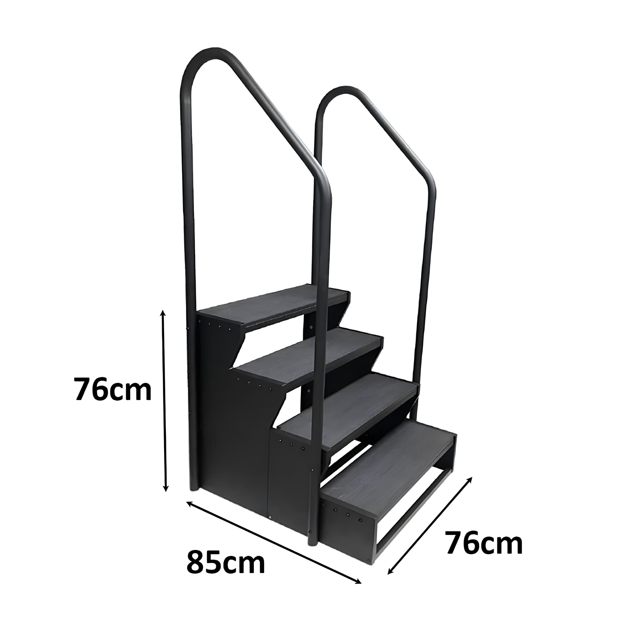 Black spa steps with dimensions indicated on a white background