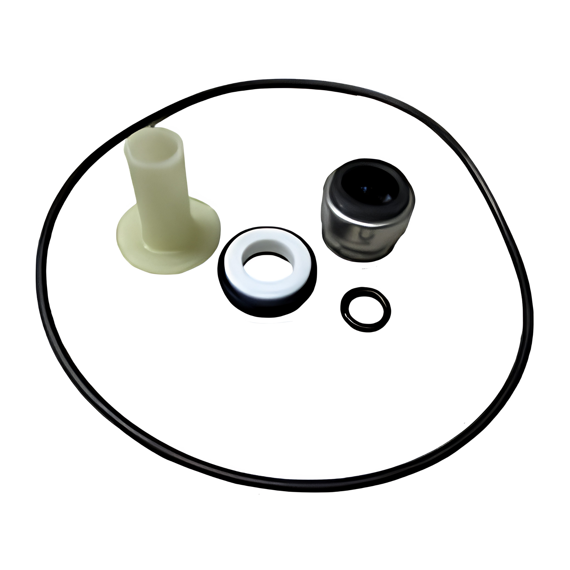 Set of mechanical seal parts, a black o-ring, washer, and other components on a white background.
