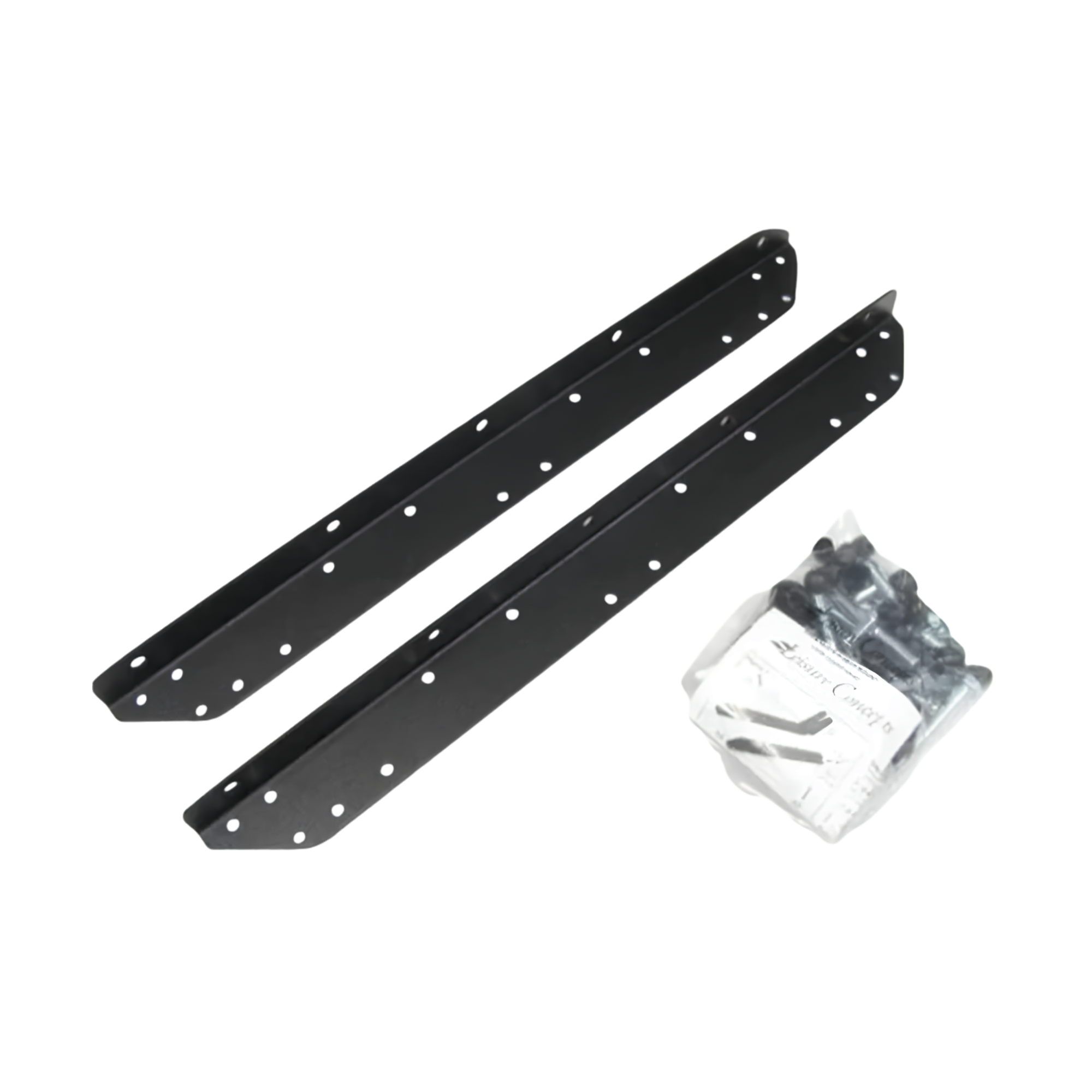 Two black metal brackets with a clear plastic bag of screws on a white background