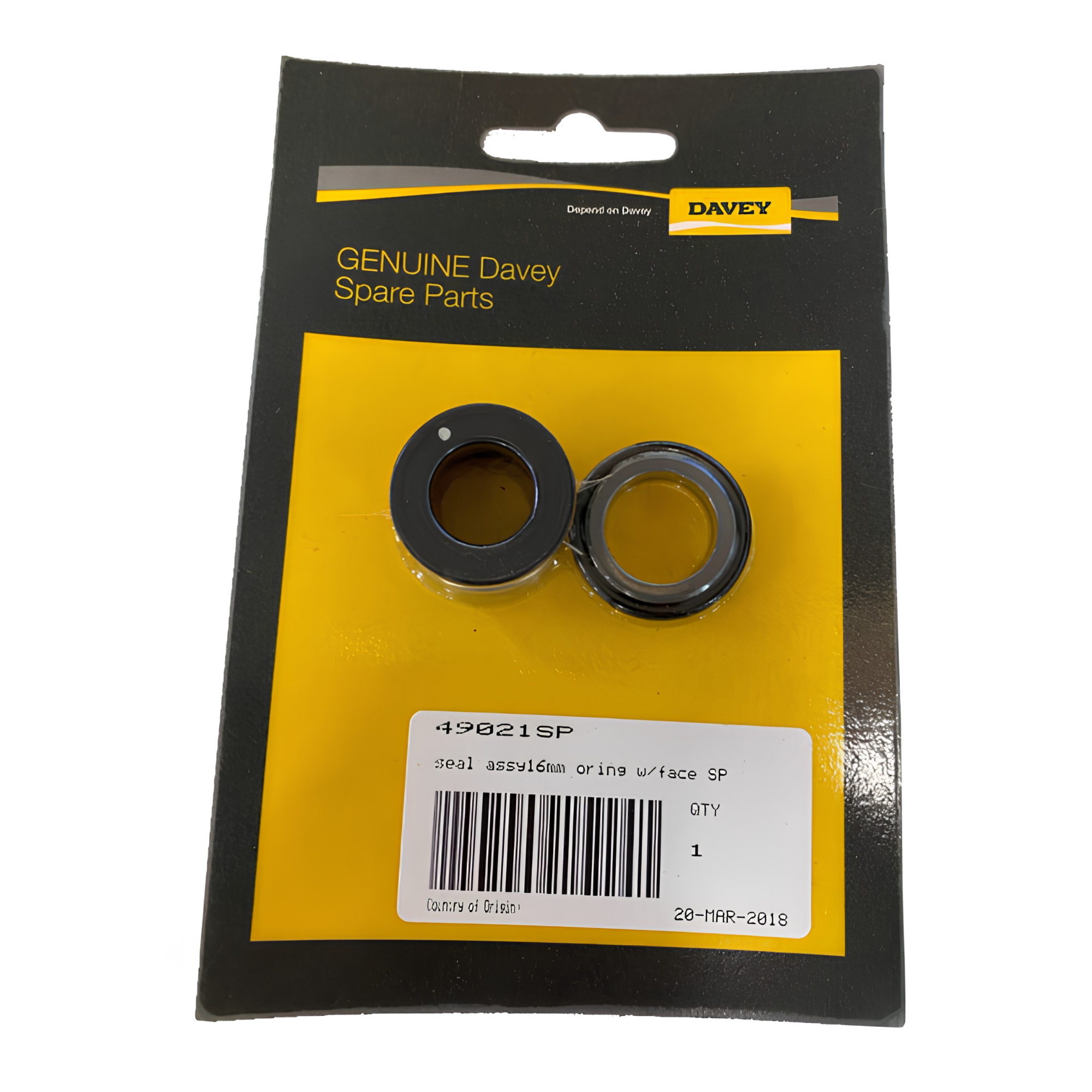 Packaged spare parts with Davey branding on a yellow and black label.