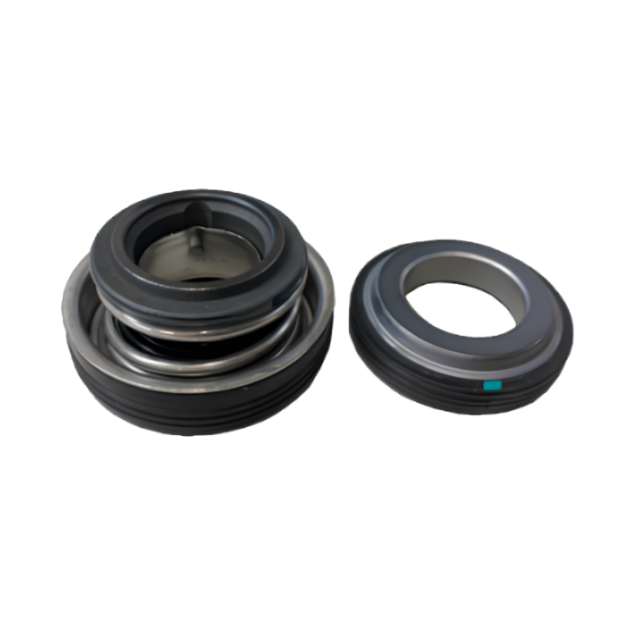 Two black mechanical seals on a white background