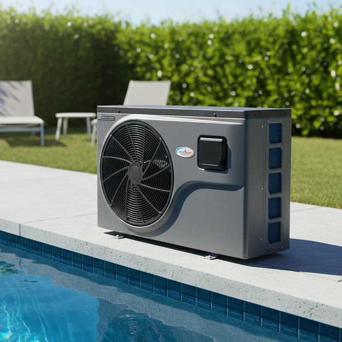 Pool heat pump on a pool deck with greenery in the background