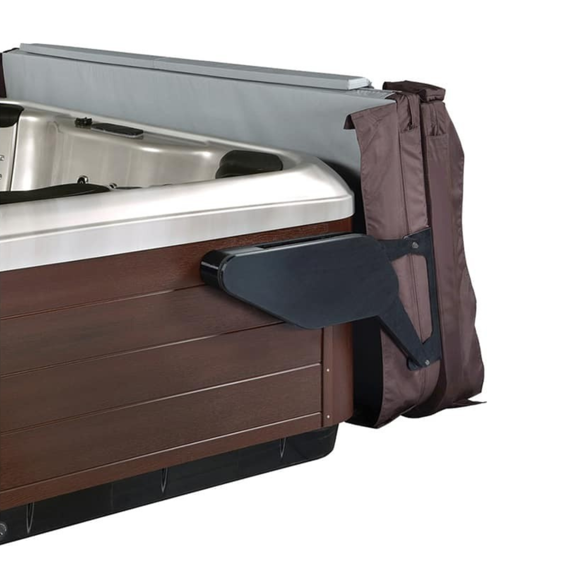 Spa with cover and cover lifter mounted on the side