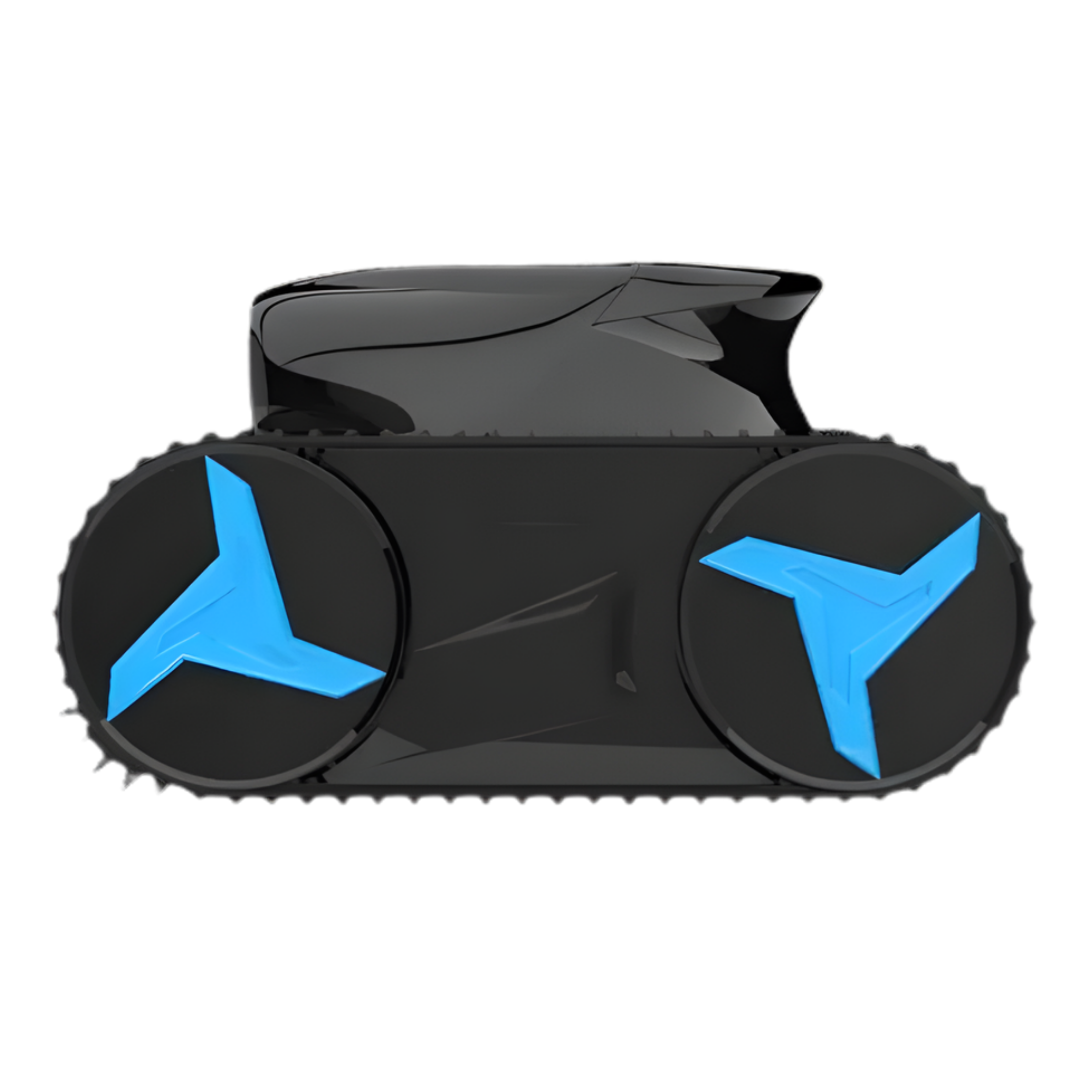 Black robot pool cleaner with blue triangular designs on a white background