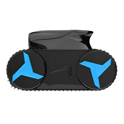 Black robot pool cleaner with blue triangular designs on a white background