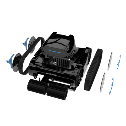 Robotic pool cleaner with parts on a white background