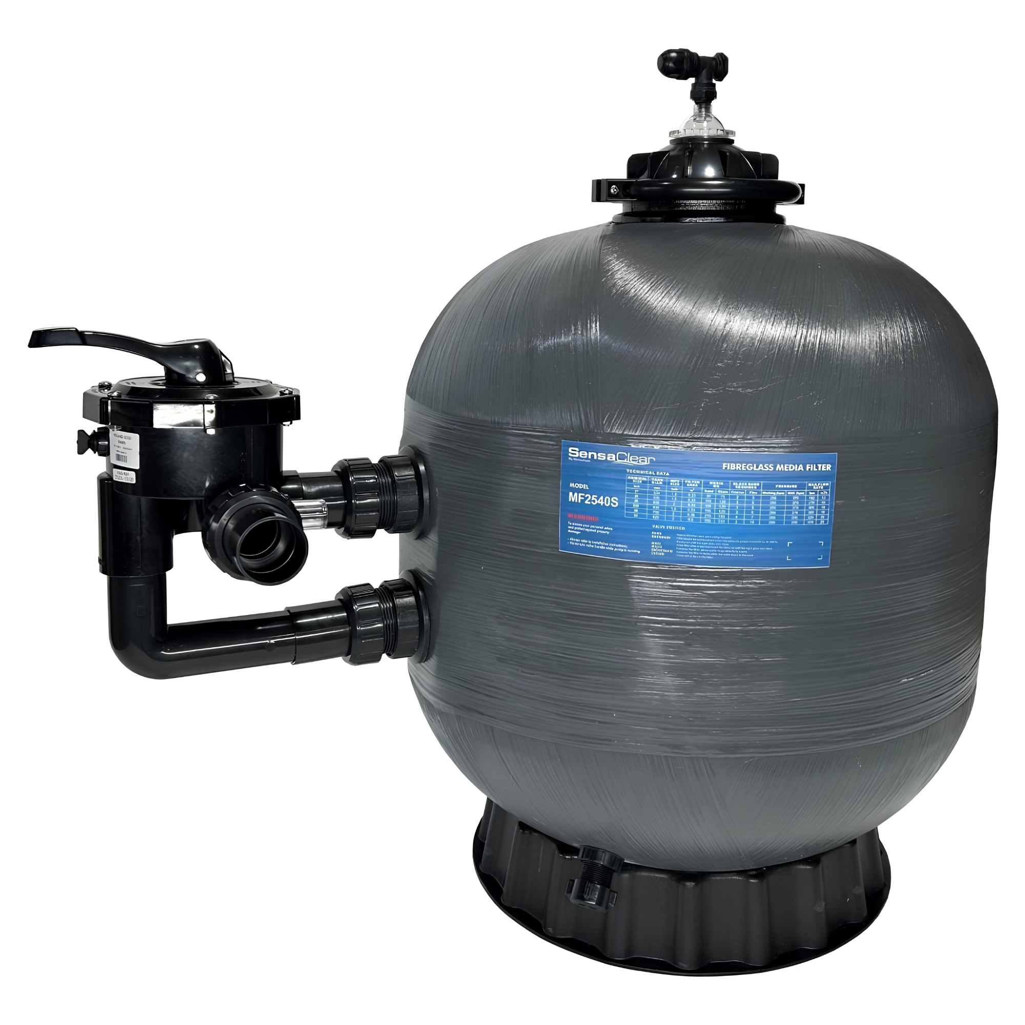 Gray cylindrical filter with black plumbing on a white background