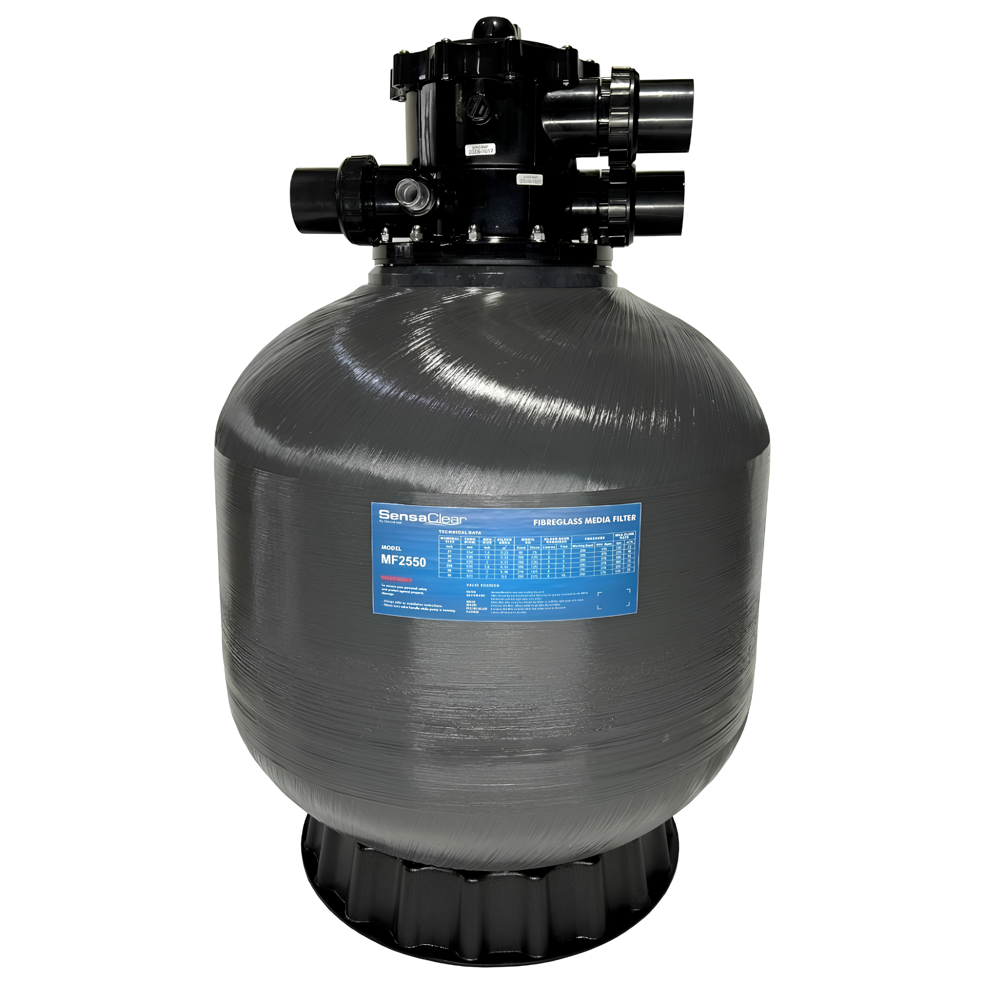 A large spherical grey sand filter tank with a black top control assembly and base, featuring a blue Sensapool label, isolated on a white background.