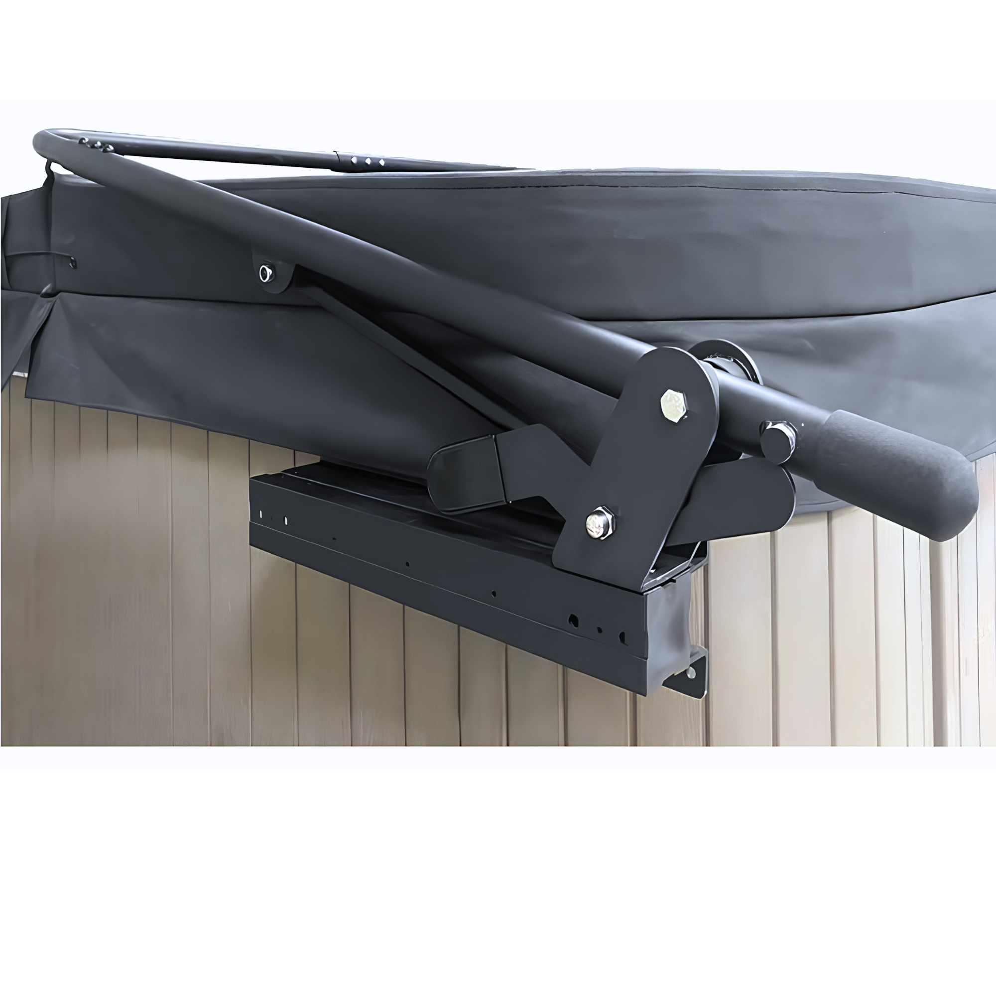 Black hydraulic assisted spa cover lifter mounted to spa