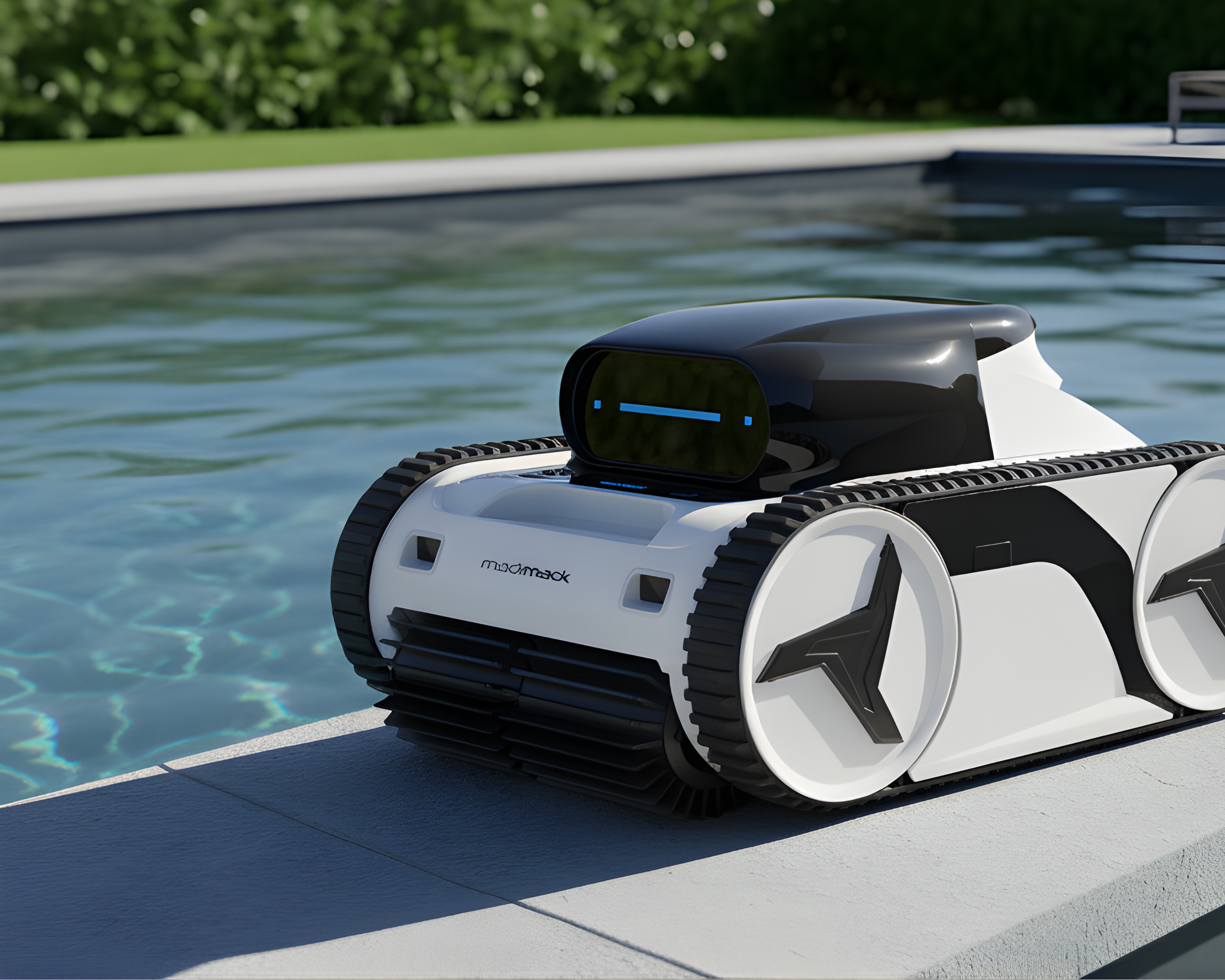 Robotic pool cleaner on a pool deck with a pool and garden in the background