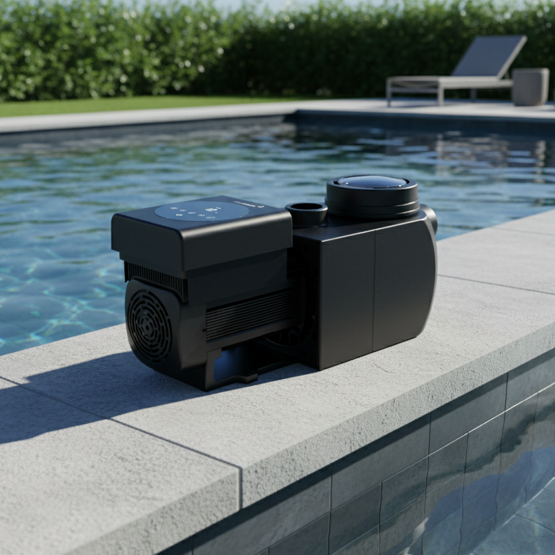 Black pool pump on a concrete edge by a pool with greenery in the background