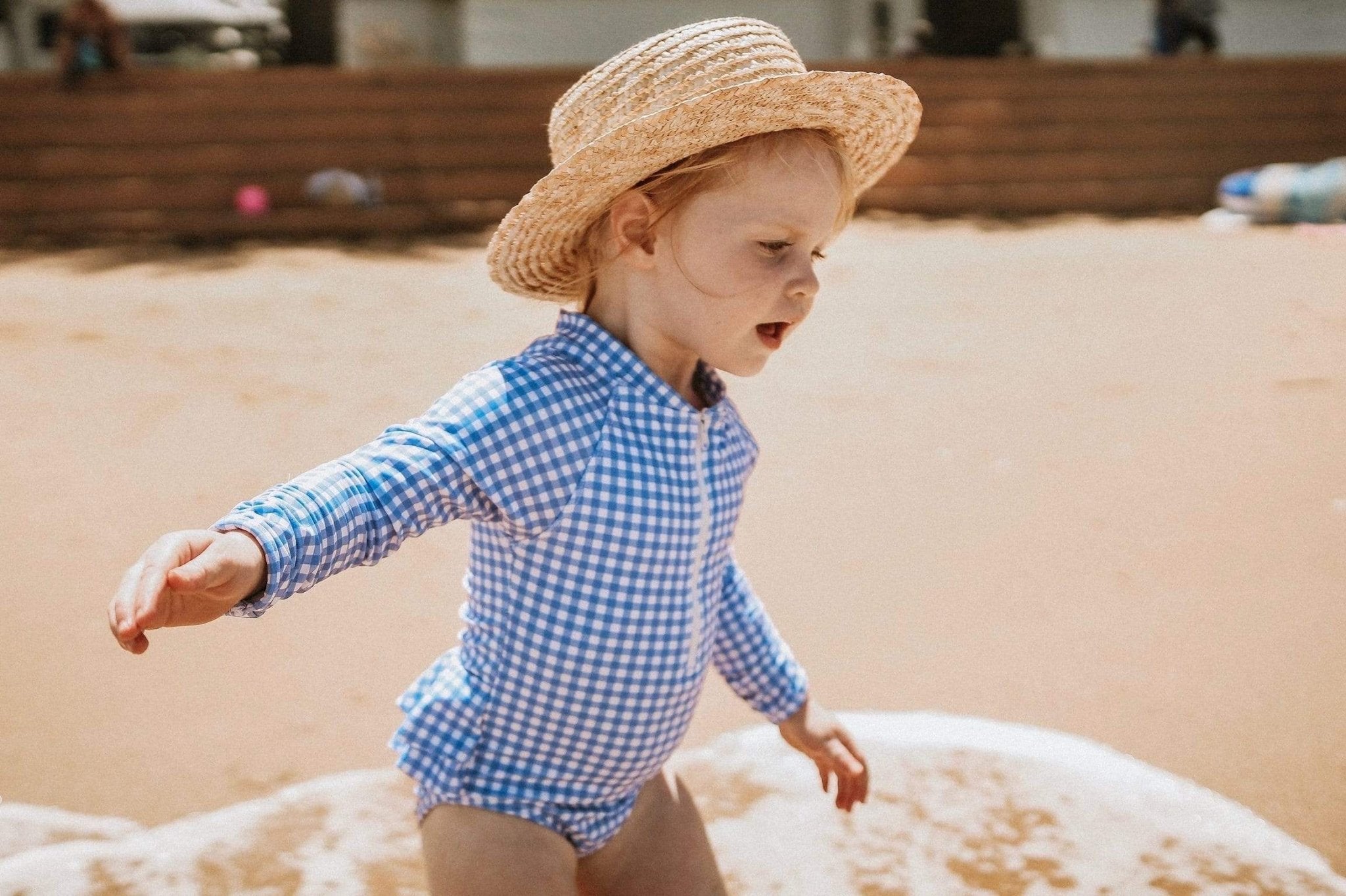 Ellie Long Sleeve Girls Swimsuit - Blue Gingham - Swimwear